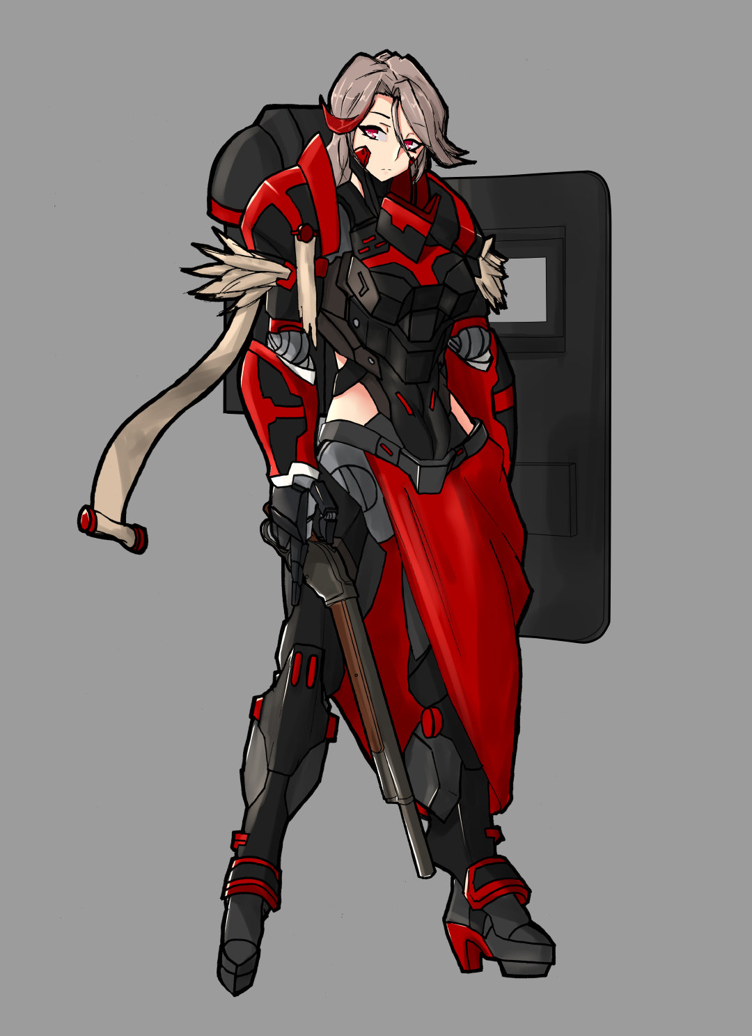 mold (pixiv6616319), m1887 (girls' frontline), girls' frontline, highres, 1girl, black gloves, black pants, full body, gloves, gradient hair, grey background, gun, holding, holding gun, holding weapon, jewelry, long hair, multicolored hair, pants, red eyes, socks, solo, standing, weapon