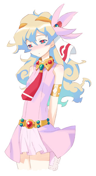 musashimaru, nia teppelin, tengen toppa gurren lagann, 00s, 1girl, armband, armlet, belt, blush, dress, female focus, flower, hair flower, hair ornament, jewelry, long hair, multicolored hair, necktie, pink dress, pink skirt, red necktie, simple background, skirt, sleeveless, solo, white background