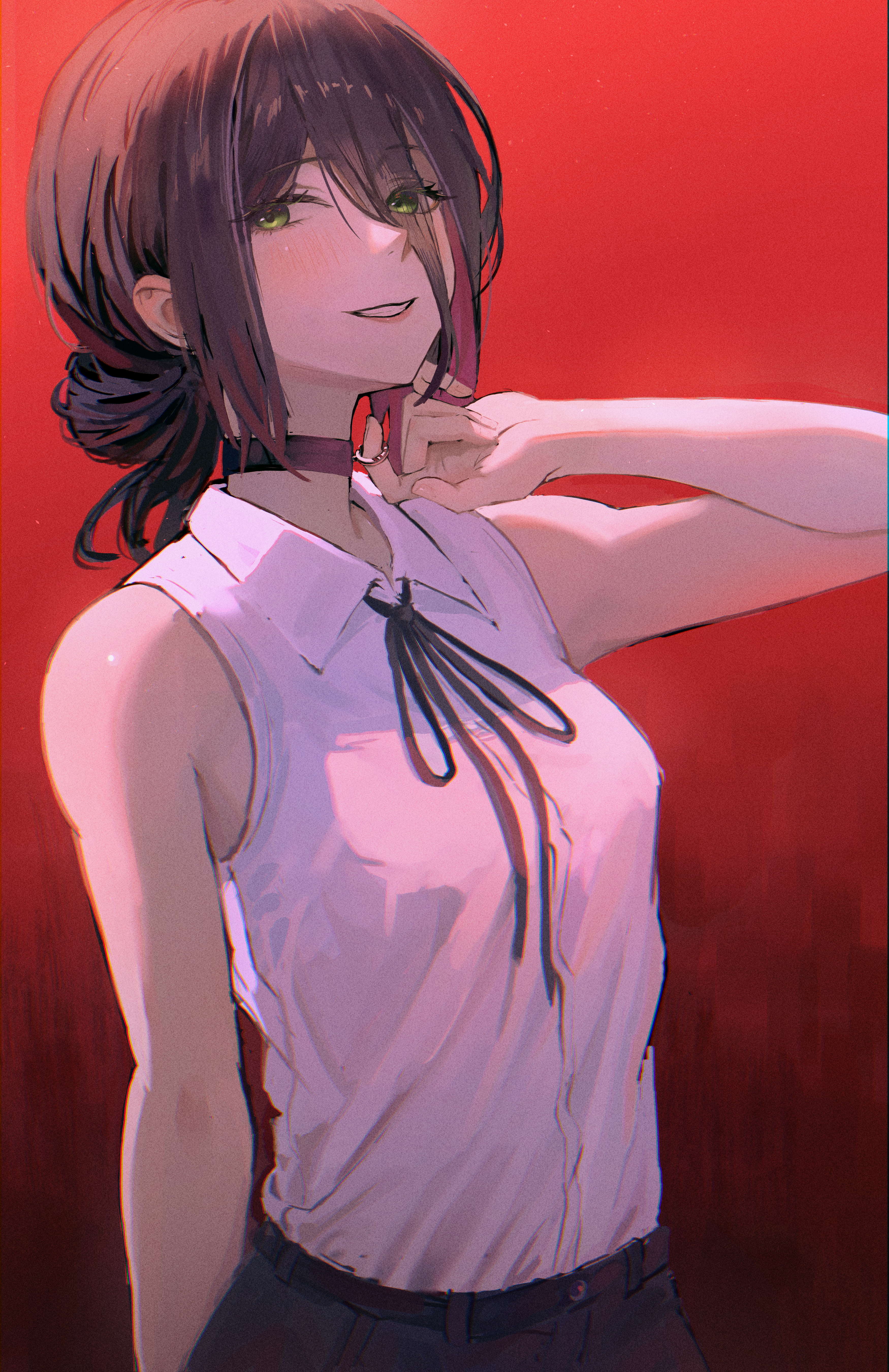 p con08, reze (chainsaw man), chainsaw man, absurdres, highres, 1girl, black choker, black hair, black ribbon, choker, collared shirt, green eyes, grenade pin, hair between eyes, hair bun, neck ribbon, red background, ribbon, shirt, shirt tucked in, sleeveless, sleeveless shirt, solo, white shirt