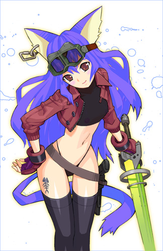 musashimaru, lowres, animal ears, belt, belt skirt, bikini, bikini bottom only, black bikini, cat ears, fingerless gloves, gloves, goggles, gun, holster, jacket, no pants, solo, swimsuit, sword, tattoo, thighhighs, weapon