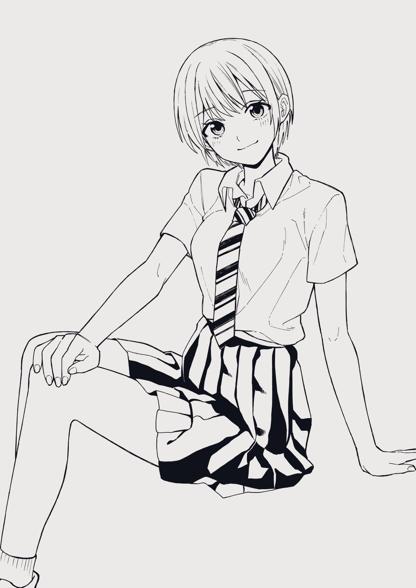 sakuma (skmsy34), original, 1girl, monochrome, necktie, school uniform, short hair, short sleeves, sitting, skirt, solo