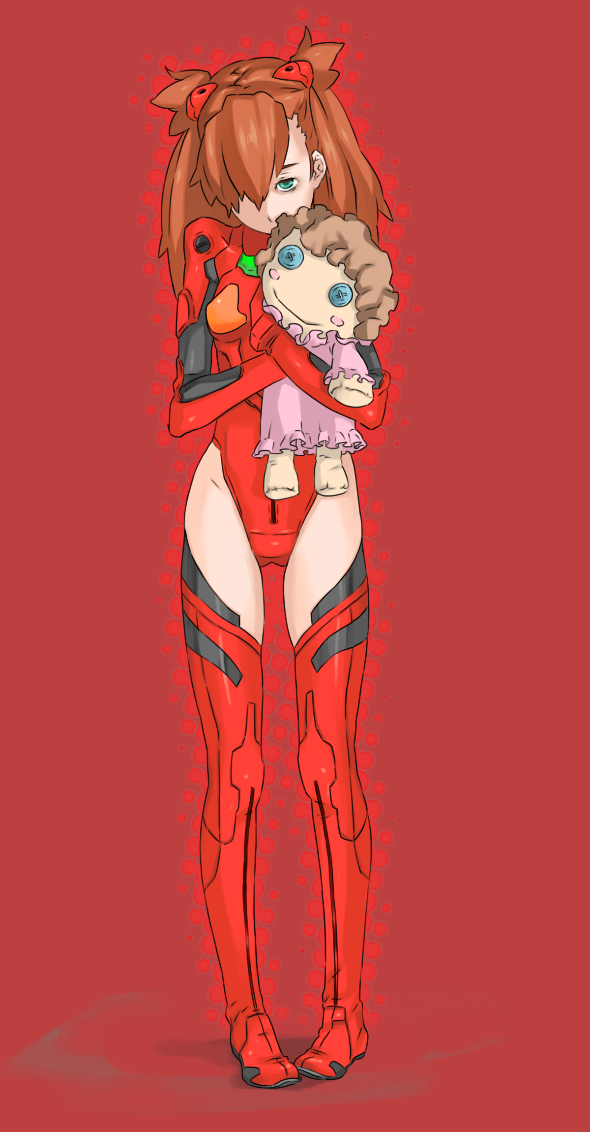 souryuu asuka langley, neon genesis evangelion, pilot suit, highres, 1girl, adapted costume, aqua eyes, boots, border, bracer, breasts, brown hair, covered mouth, crossed arms, doll, female focus, full body, green eyes, hair ornament, hair over one eye, head tilt, hug, hugging doll, hugging object, leotard, long hair, looking at viewer, mecha pilot suit, plugsuit (evangelion), red background, red boots, red leotard, red thighhighs, simple background, skinny, small breasts, solo, standing, thigh boots, thighhighs, twintails, two side up, wide hips