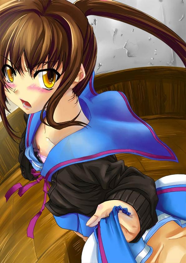 hazuki touya, kyougoku touya, kyon, kyonko, kyoto animation, suzumiya haruhi no yuuutsu, jpeg artifacts, 00s, 1girl, blush, female focus, female pov, genderswap, genderswap (mtf), ponytail, pov, solo, yellow eyes