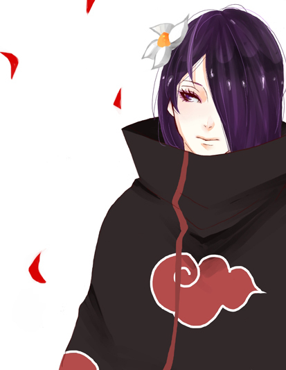 konan (naruto), naruto (classic), naruto (series), naruto shippuuden, artist request, 1girl, female focus, flower, hair flower, hair ornament, hair over one eye, petals, purple hair, solo