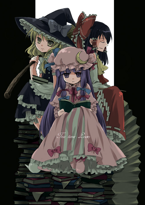 yanazuki, yayu, hakurei reimu, kirisame marisa, patchouli knowledge, touhou, bad id, bad pixiv id, 3girls, apron, ascot, back-to-back, blonde hair, bow, crescent, detached sleeves, expressionless, female focus, hair bow, hat, long sleeves, looking at viewer, mob cap, multiple girls, purple eyes, purple hair, red bow, ribbon-trimmed sleeves, ribbon trim, sitting, waist apron, witch hat