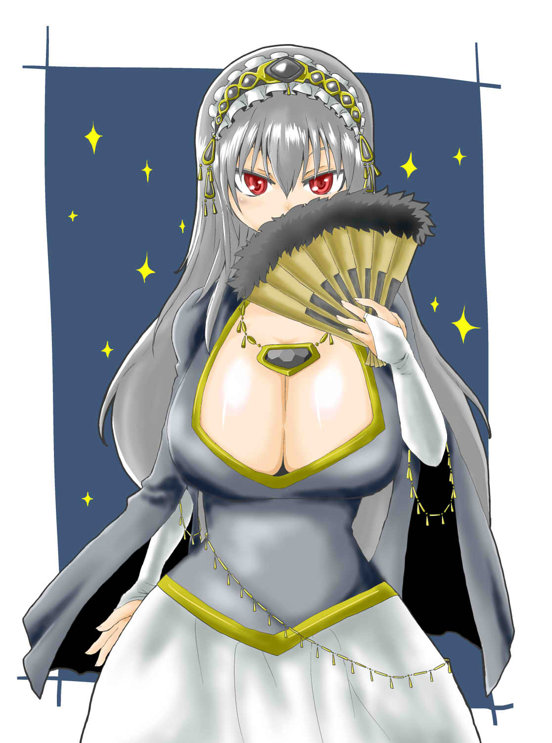 itini-sanshi, suigintou, rozen maiden, commentary request, highres, 1girl, alternate breast size (larger), alternate costume, black hairband, breasts, bridal gauntlets, cleavage, cowboy shot, folding fan, frilled hairband, frills, gold, grey hair, grey shirt, hair between eyes, hairband, hand fan, holding, holding fan, jewelry, large breasts, long hair, long sleeves, looking at viewer, necklace, red eyes, shirt, skirt, solo, sparkle, white bridal gauntlets, white skirt