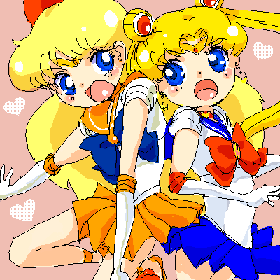 azuma yukihiko, aino minako, sailor moon, sailor venus, tsukino usagi, bishoujo senshi sailor moon, bad id, bad pixiv id, lowres, 1990s (style), 2girls, blonde hair, blue eyes, blue sailor collar, blue skirt, bow, choker, double bun, earrings, elbow gloves, gloves, hair bow, heart, jewelry, long hair, magical girl, multiple girls, oekaki, open mouth, orange skirt, pink background, red bow, sailor collar, sailor senshi, skirt, tiara, twintails, white gloves