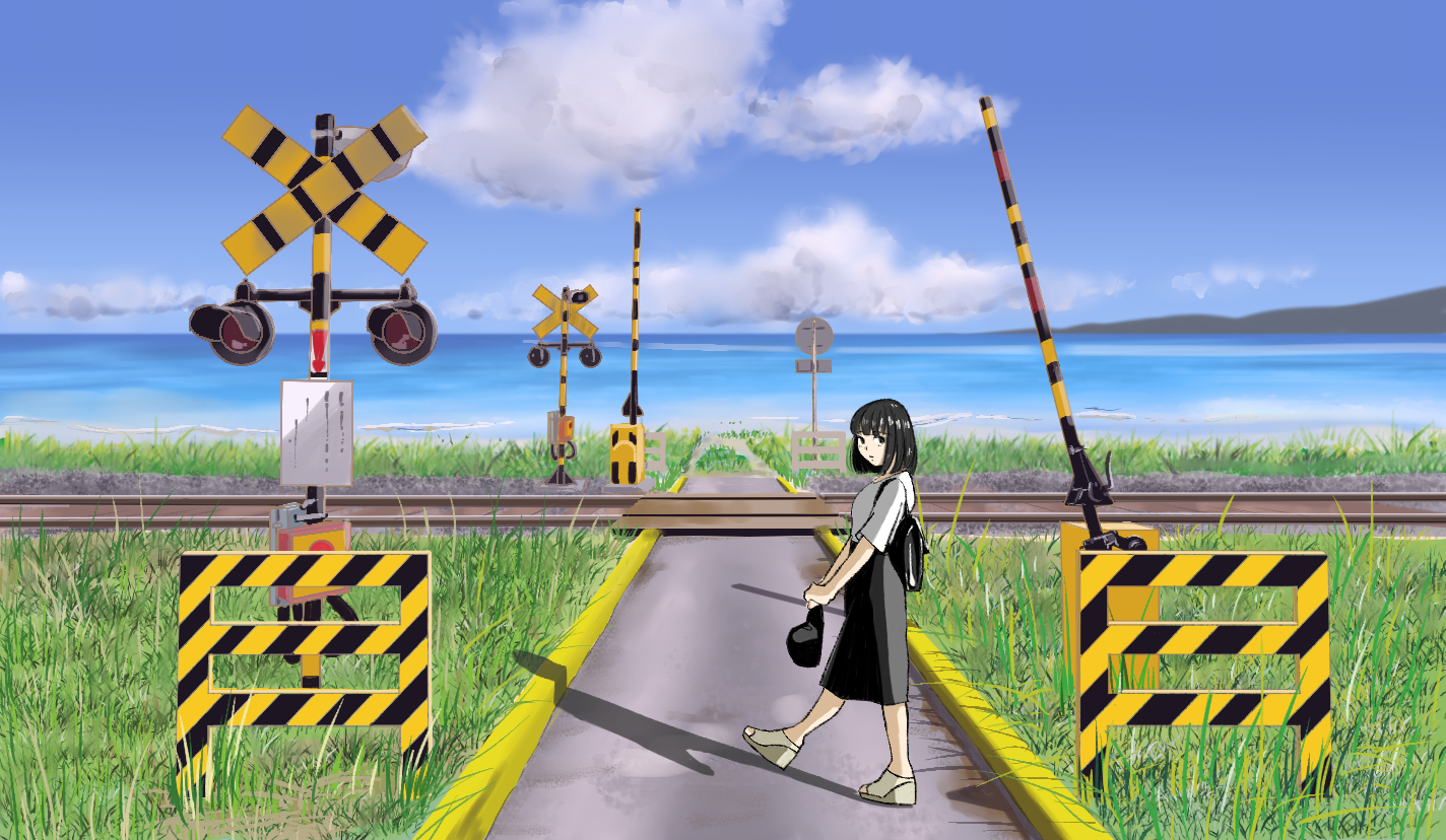sakamoto giulietta, original, commentary request, 1girl, backpack, bag, baseball cap, black bag, black eyes, black hair, black hat, black skirt, blue sky, bob cut, brown sandals, cloud, crossbuck, day, from side, grass, hat, holding, holding unworn clothes, holding unworn hat, horizon, long skirt, looking at viewer, looking to the side, medium hair, ocean, outdoors, railroad crossing, railroad tracks, road sign, sandals, scenery, shirt, short sleeves, sideways glance, sign, skirt, sky, solo, standing, standing on one leg, traffic light, unworn hat, unworn headwear, wedge heels, white shirt, wide shot