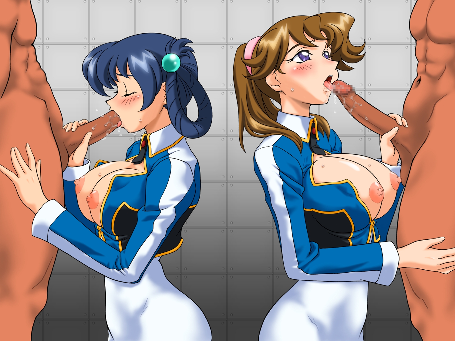 ta152 (graf zeppelin), momozono momoko, sasagure konami, ta 152, shinkon gattai godannar!!, 00s, 2boys, 2girls, blue hair, blush, breasts, brown hair, censored, closed eyes, dark-skinned male, dark skin, fellatio, huge breasts, large breasts, multiple boys, multiple girls, nipples, open clothes, open shirt, oral, penis, ponytail, purple eyes, saliva, shirt, short hair