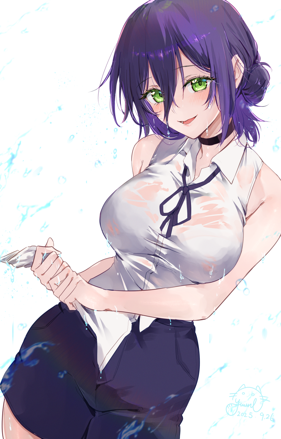 yuuri (orz commushows), reze (chainsaw man), chainsaw man, highres, 1girl, black choker, black shorts, breasts, choker, collared shirt, green eyes, hair between eyes, hair bun, large breasts, looking at viewer, neck ribbon, purple hair, purple ribbon, ribbon, shirt, shorts, sleeveless, sleeveless shirt, solo, wet, wet clothes, wet shirt, white shirt, wringing clothes