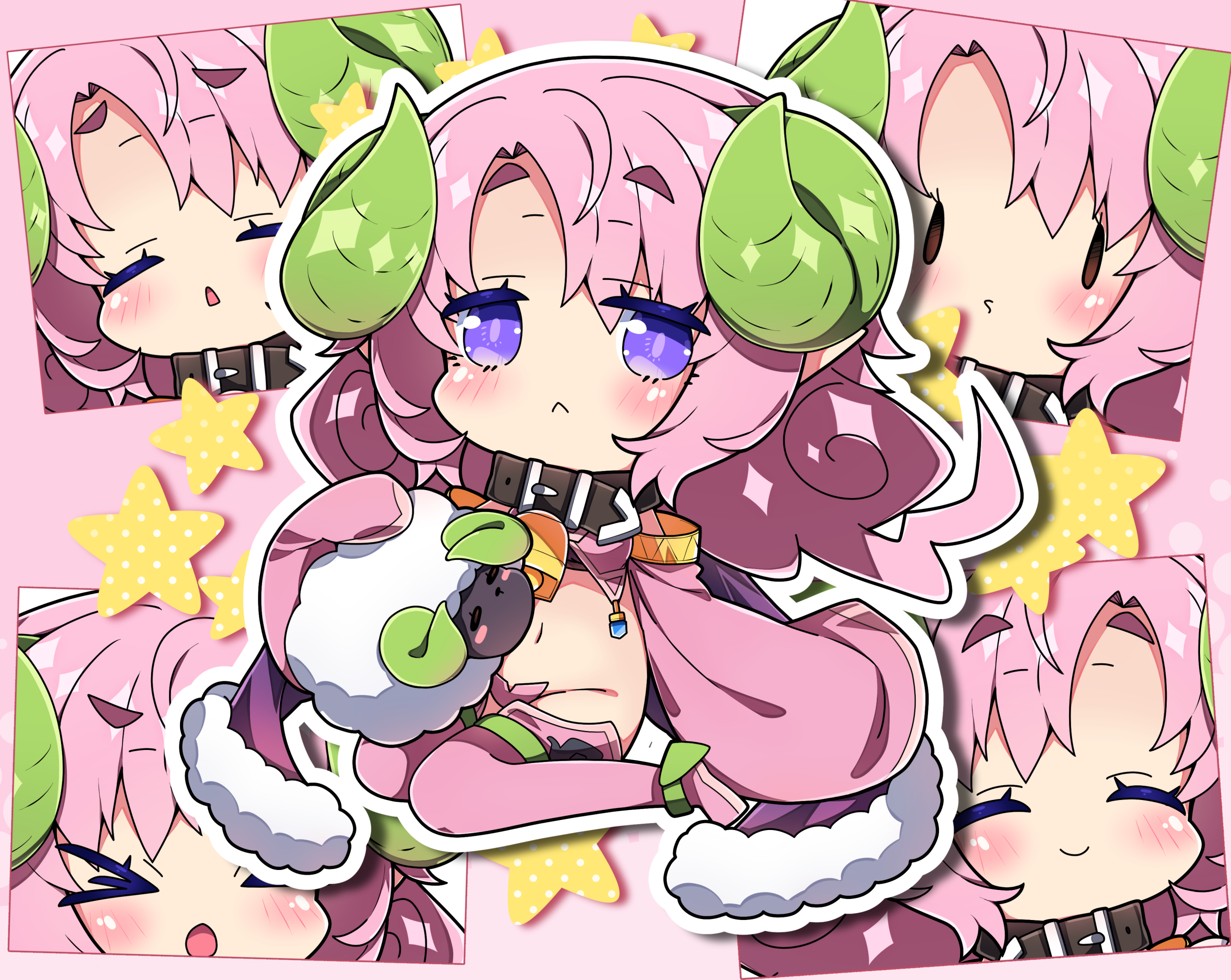milkpanda, commentary request, commission, highres, skeb commission, > <, 1girl, :<, ^ ^, animal, black collar, blush, boots, brown eyes, chibi, closed eyes, closed mouth, collar, crotch plate, fur trim, groin, halftone, horns, long sleeves, multiple views, navel, outline, parted bangs, parted lips, pink boots, purple eyes, sheep, sheep horns, short eyebrows, sitting, sleeves past fingers, sleeves past wrists, smile, solid oval eyes, star (symbol), thick eyebrows, thigh boots, triangle mouth, wariza, white outline, wide sleeves
