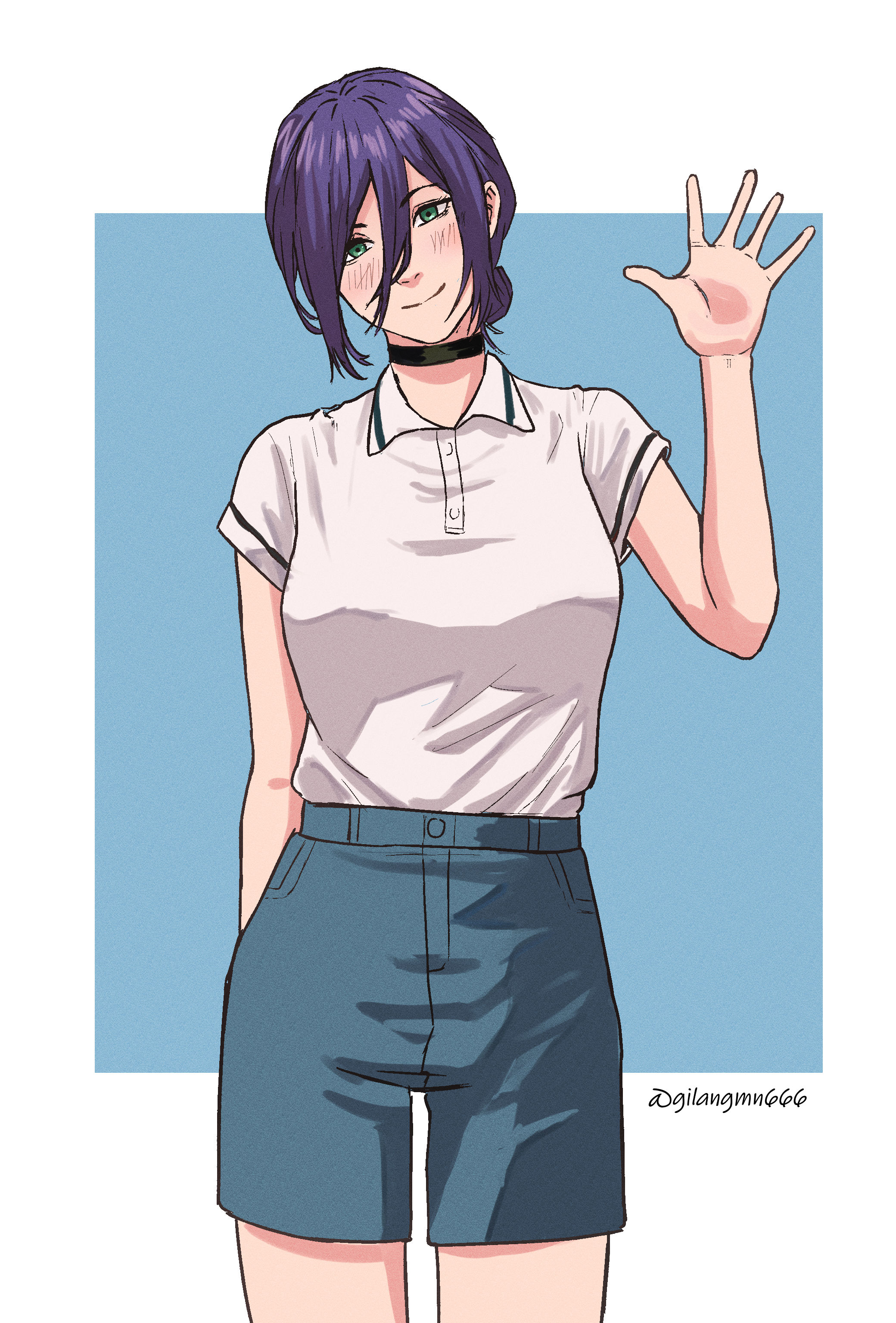 gilangmn666, reze (chainsaw man), chainsaw man, absurdres, commentary, english commentary, highres, 1girl, artist name, black choker, blue shorts, choker, closed mouth, hair between eyes, hair bun, hand up, polo shirt, purple hair, shirt, shorts, smile, solo, white shirt
