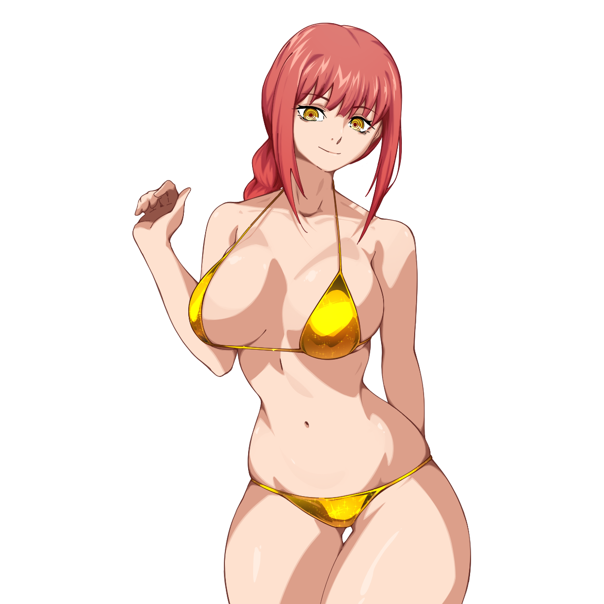 makima (chainsaw man), chainsaw man, commentary, highres, 1girl, bikini, braid, braided ponytail, breasts, closed mouth, cowboy shot, gold bikini, hand up, kewpiemayo1729, large breasts, looking at viewer, navel, red hair, ringed eyes, sidelocks, simple background, smile, solo, stomach, swimsuit, white background, yellow eyes