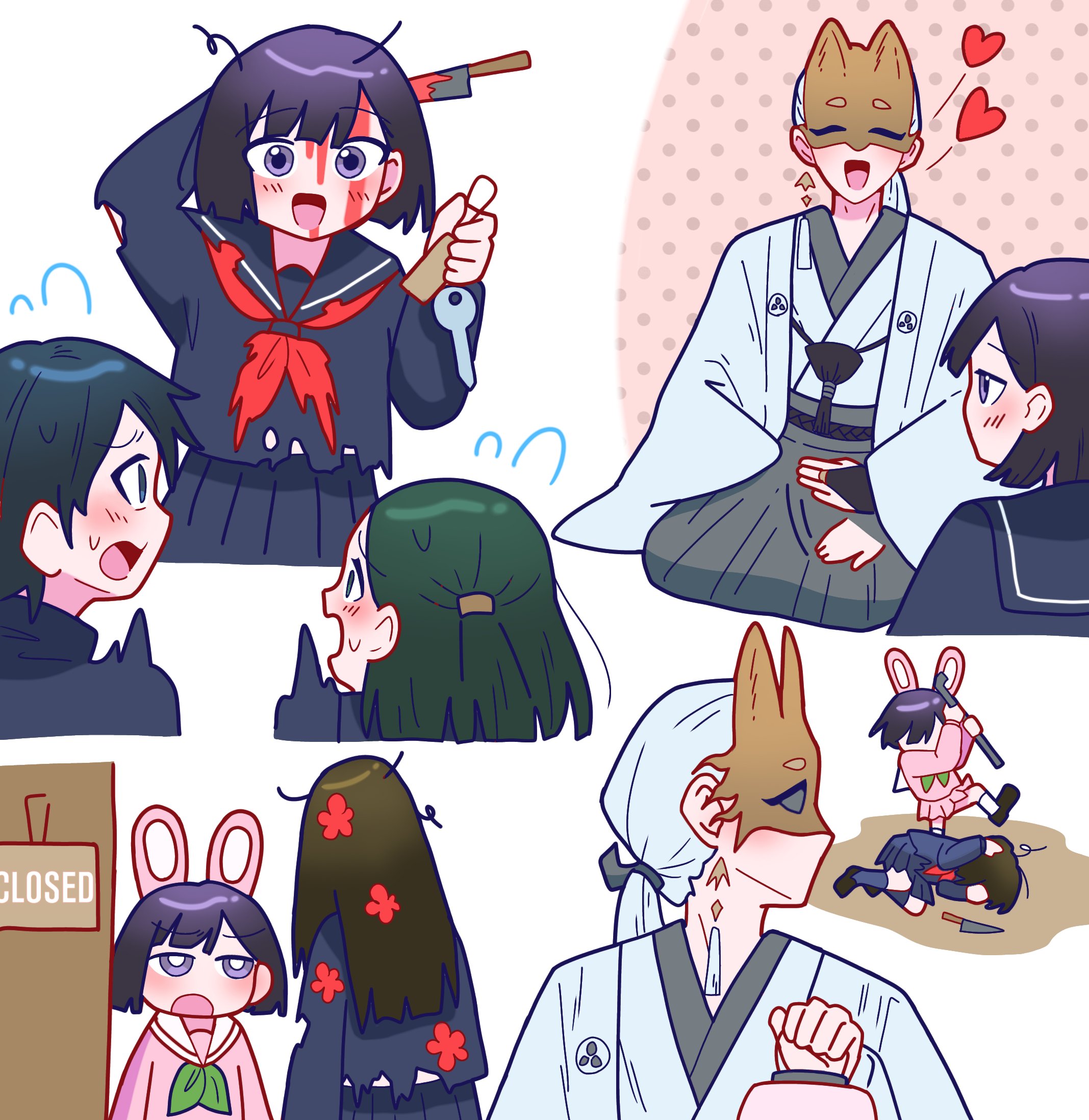 fox mask (silent hill), iwai shu, nishida rinko, shimizu hinako, silent hill (series), silent hill f, highres, animal ears, black serafuku, black skirt, black socks, bleeding, blood, blush, fake animal ears, flower, flying sweatdrops, fox mask, heart, holding, holding key, holding lead pipe, japanese clothes, key, kicking, knife, knife in head, lead pipe, mask, multiple views, nut87501, object through head, open mouth, pink serafuku, pink skirt, ponytail, rabbit ears, red flower, school uniform, serafuku, skirt, smile, socks, sweatdrop, torn clothes, white hair, white socks