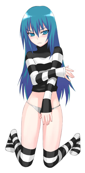 musashimaru, blue eyes, blue hair, blush, covering crotch, covering privates, kneeling, long hair, panties, shirt, solo, striped clothes, striped shirt, striped thighhighs, thighhighs, underwear