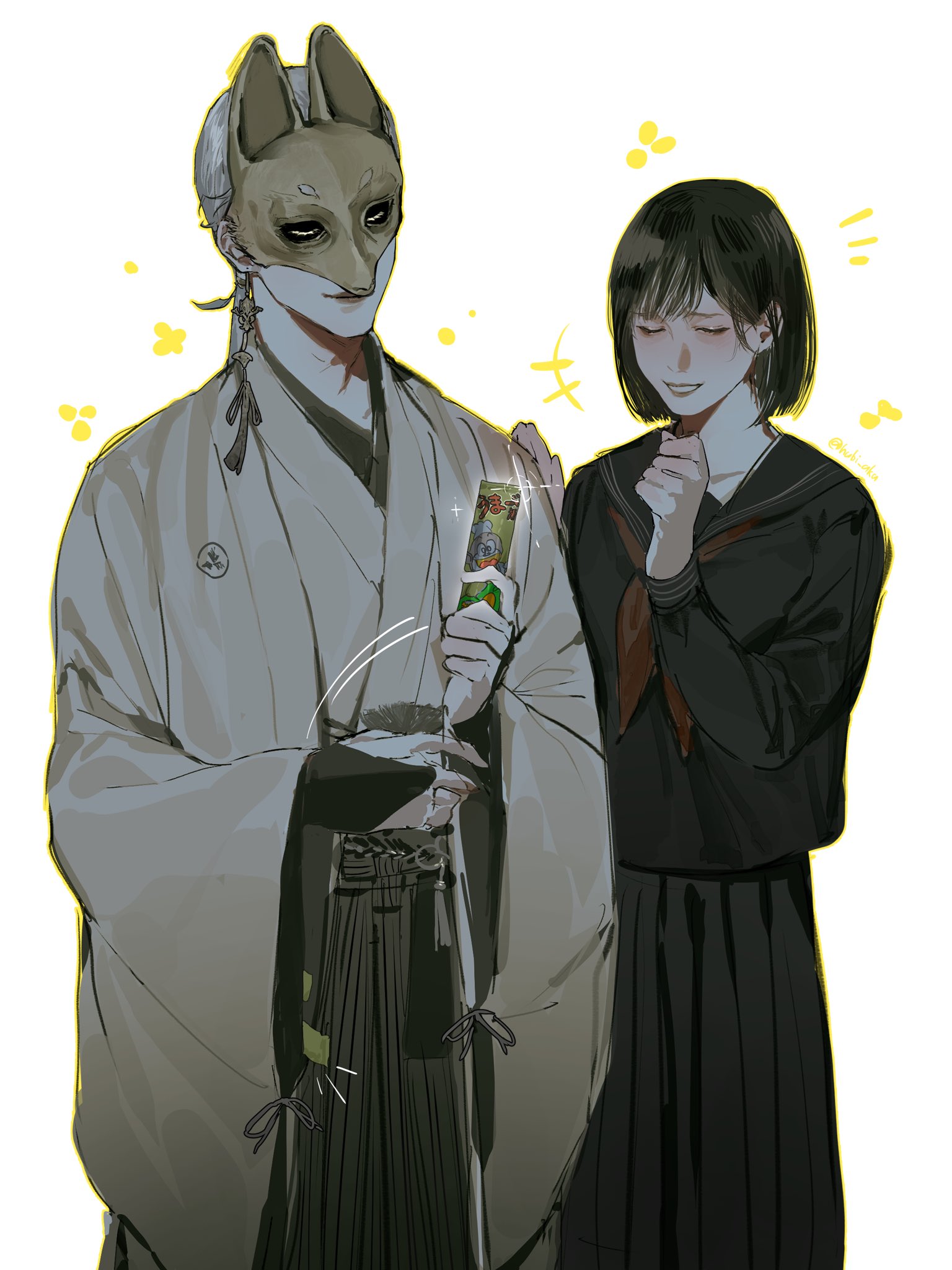 fox mask (silent hill), shimizu hinako, silent hill (series), silent hill f, highres, 1boy, 1girl, black hair, black serafuku, black skirt, closed eyes, fox mask, hubi aka, japanese clothes, mask, pleated skirt, school uniform, serafuku, simple background, skirt, smile, white background, white hair, wide sleeves