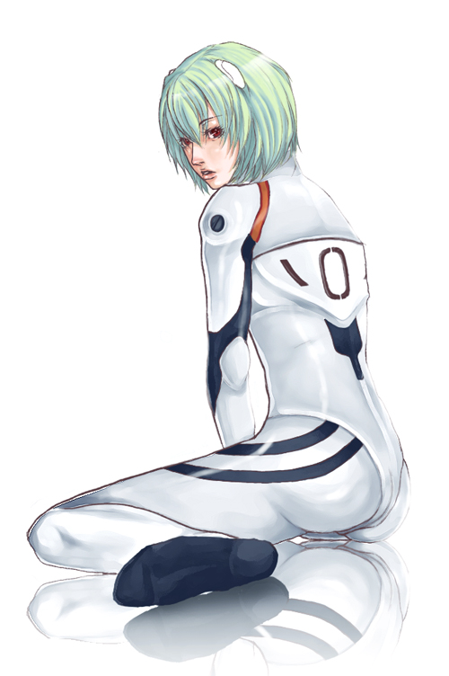 ayanami rei, neon genesis evangelion, green hair, looking back, mecha pilot suit, plugsuit (evangelion), red eyes, short hair, sitting, solo