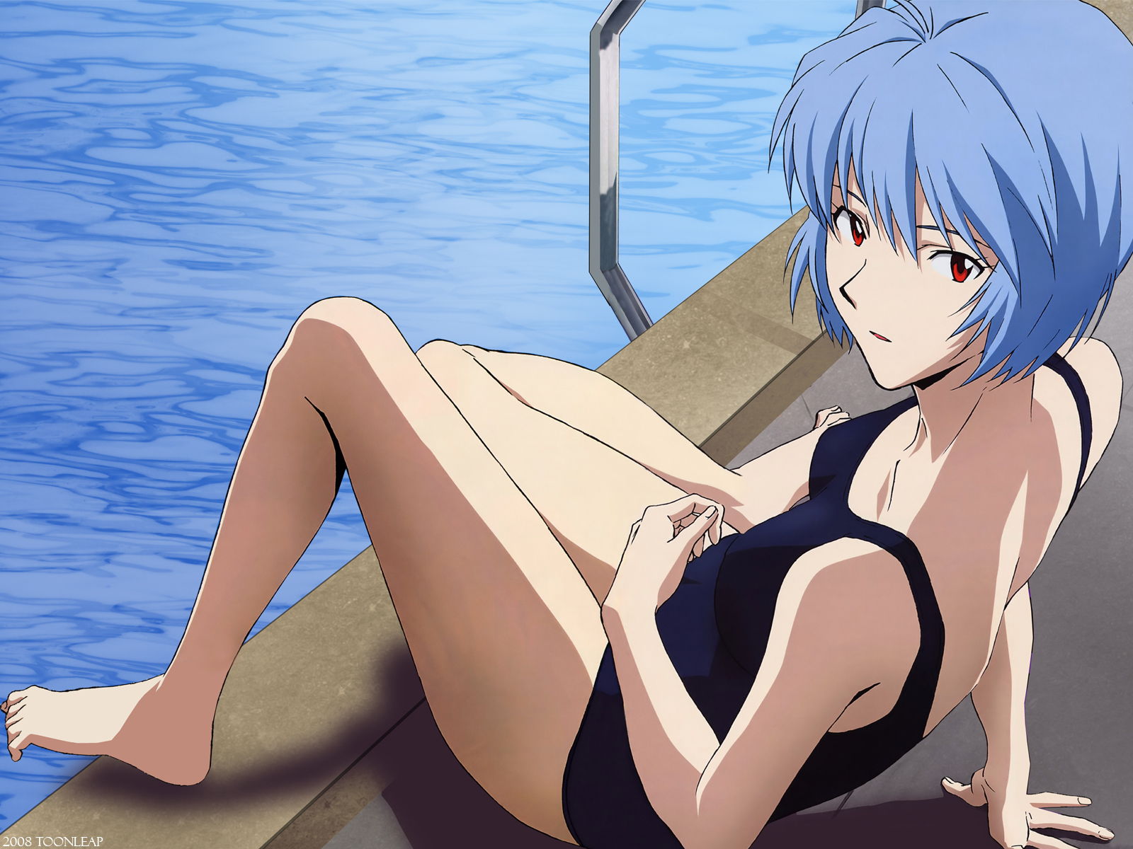 sasaki atsuko, ayanami rei, neon genesis evangelion, derivative work, detexted, highres, non-web source, third-party edit, 1girl, barefoot, black one-piece swimsuit, blue hair, breasts, female focus, looking back, one-piece swimsuit, pool, pool ladder, poolside, red eyes, school swimsuit, short hair, sitting, small breasts, solo, swimsuit