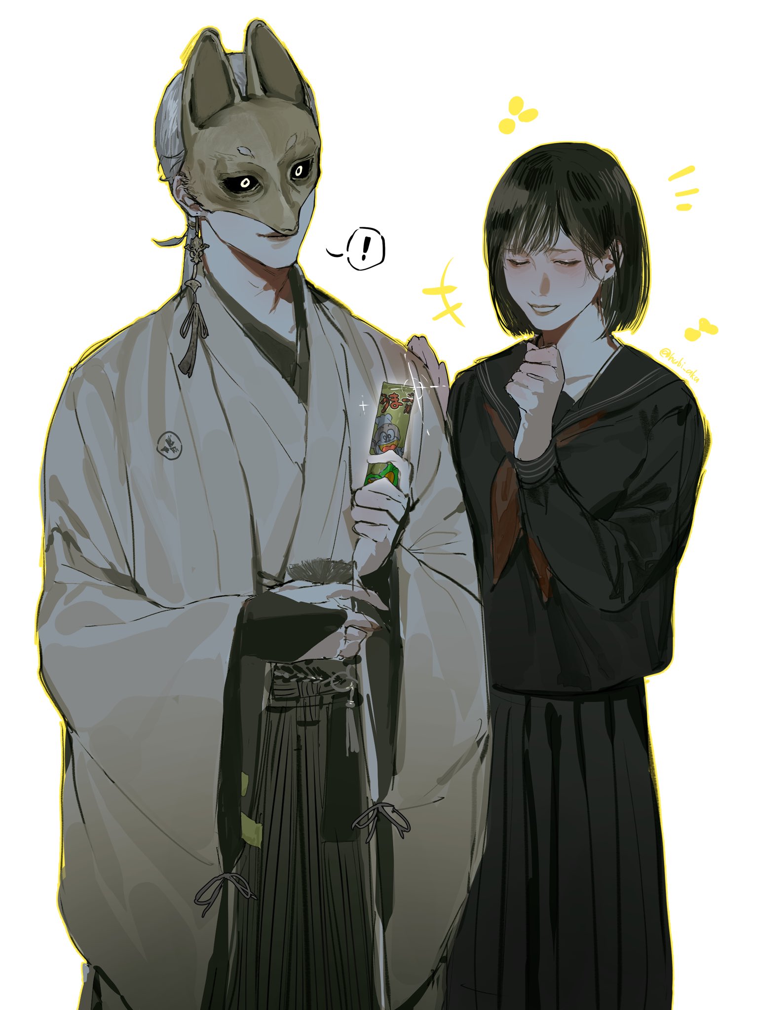 fox mask (silent hill), shimizu hinako, silent hill (series), silent hill f, highres, !, 1boy, 1girl, black hair, black serafuku, black skirt, closed eyes, fox mask, hubi aka, japanese clothes, mask, pleated skirt, school uniform, serafuku, simple background, skirt, smile, white background, white hair, yellow eyes