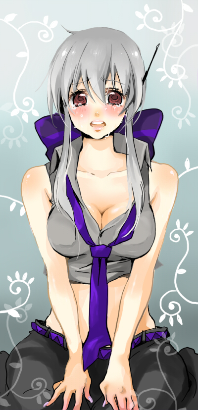 konako, yowane haku, vocaloid, silver hair, bad id, bad pixiv id, 1girl, belt, blouse, blush, bow, breasts, cleavage, female focus, fingernails, grey shirt, hair bow, headset, large breasts, nail (hardware), necktie, pants, red eyes, shirt, solo, tears