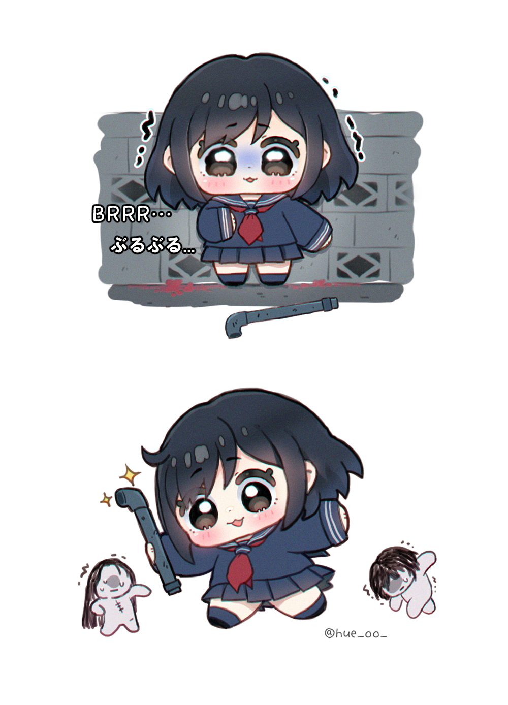 hue oo, shimizu hinako, silent hill (series), silent hill f, highres, 1girl, artist name, black hair, black serafuku, black skirt, black socks, chibi, holding, holding lead pipe, lead pipe, monster, multiple views, pleated skirt, school uniform, serafuku, simple background, skirt, socks, sparkle, white background