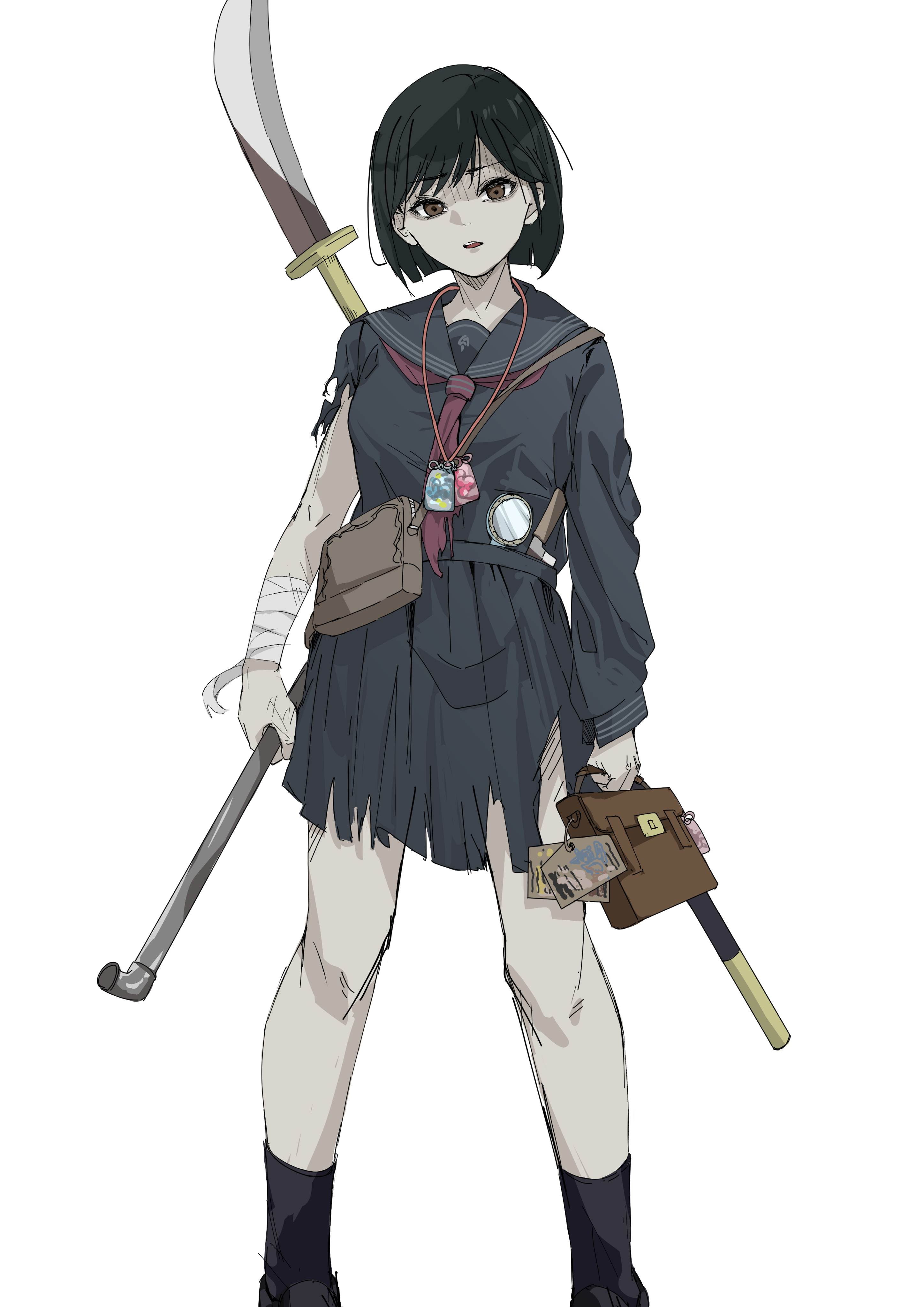 momochi (hana tubakino), shimizu hinako, silent hill (series), silent hill f, absurdres, highres, 1girl, bag, black serafuku, black skirt, black socks, brown eyes, holding, holding lead pipe, lead pipe, looking at viewer, naginata, pleated skirt, polearm, school bag, school uniform, serafuku, simple background, skirt, socks, torn clothes, torn skirt, weapon, weapon on back, white background