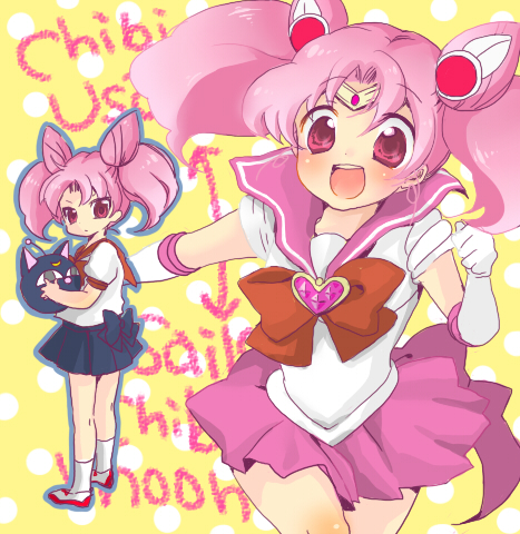 konako, chibi usa, sailor chibi moon, bishoujo senshi sailor moon, bishoujo senshi sailor moon s, bad id, bad pixiv id, lowres, 1990s (style), 1girl, brooch, bun cover, character name, child, cone hair bun, double bun, dual persona, gloves, hair bun, heart, heart brooch, jewelry, magical girl, multiple views, no choker, pink eyes, pink hair, retro artstyle, school uniform, serafuku, skirt, twintails, white gloves
