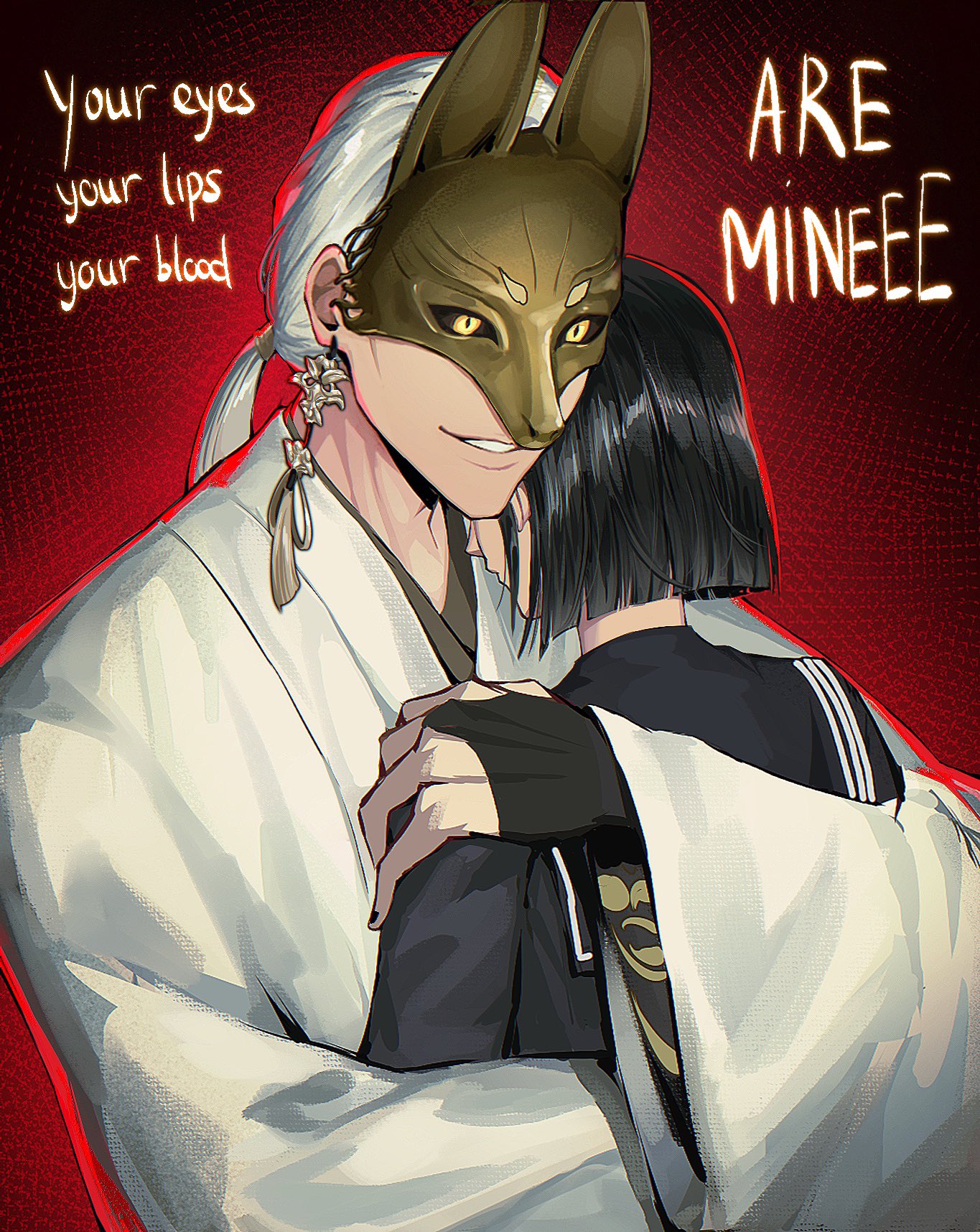 rokibent, fox mask (silent hill), shimizu hinako, silent hill (series), silent hill f, highres, 1boy, 1girl, black hair, black nails, black serafuku, fox mask, hug, japanese clothes, mask, nail polish, parted lips, ponytail, school uniform, serafuku, smirk, white hair, wide sleeves, yellow eyes