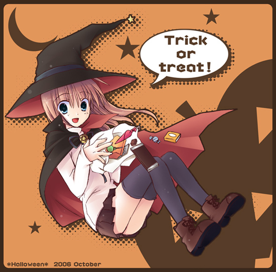 yuzuki kotona, 00s, 1girl, 2006, candy, cape, female focus, food, halloween, hat, jack-o'-lantern, moon, pentacle, pentagram, pumpkin, skirt, solo, star (symbol), thighhighs, trick or treat, witch hat, zettai ryouiki