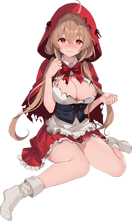 kujou ichiso, little red riding hood (fairy tale character), murasame (kancolle), kantai collection, little red riding hood (fairy tale), official art, third-party source, 1girl, apron, breasts, brown eyes, brown hair, capelet, cleavage, cosplay, frilled apron, frilled skirt, frills, full body, holding, large breasts, little red riding hood (fairy tale character) (cosplay), low twintails, murasame (halloween) (kancolle), pleated skirt, red capelet, red hood, red skirt, shirt, shoes, sitting, skirt, smile, socks, solo, transparent background, twintails, wariza, white apron, white shirt, white socks