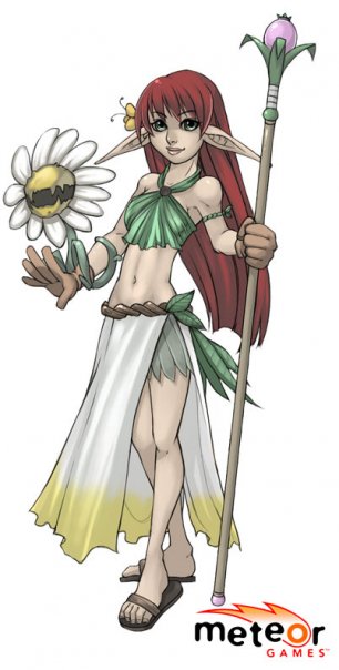 floramancer, meteor games, twin skies, elf, flower, green eyes, long hair, pointy ears, red hair, solo, staff