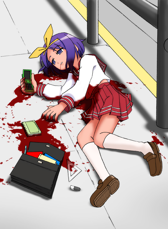 mugenjohncel, hiiragi tsukasa, lucky star, bag, blood, book, cellphone, death, empty eyes, eraser, hairband, lying, mechanical pencil, murder, notebook, pencil, phone, purple hair, ribbon, school bag, school uniform, serafuku, short hair, sidewalk, skirt