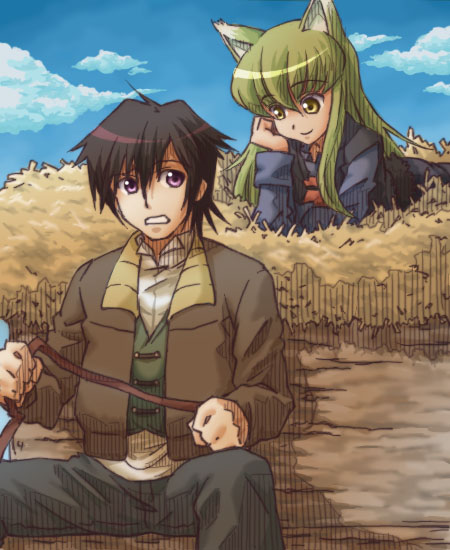thor (pixiv240171), c.c., craft lawrence, fukuyama jun, holo, lelouch vi britannia, code geass, spice and wolf, 1boy, 1girl, animal ears, blouse, collared shirt, day, green hair, hair between eyes, hay, long hair, parody, shirt, sitting, voice actor connection, white shirt, wolf ears, yellow eyes