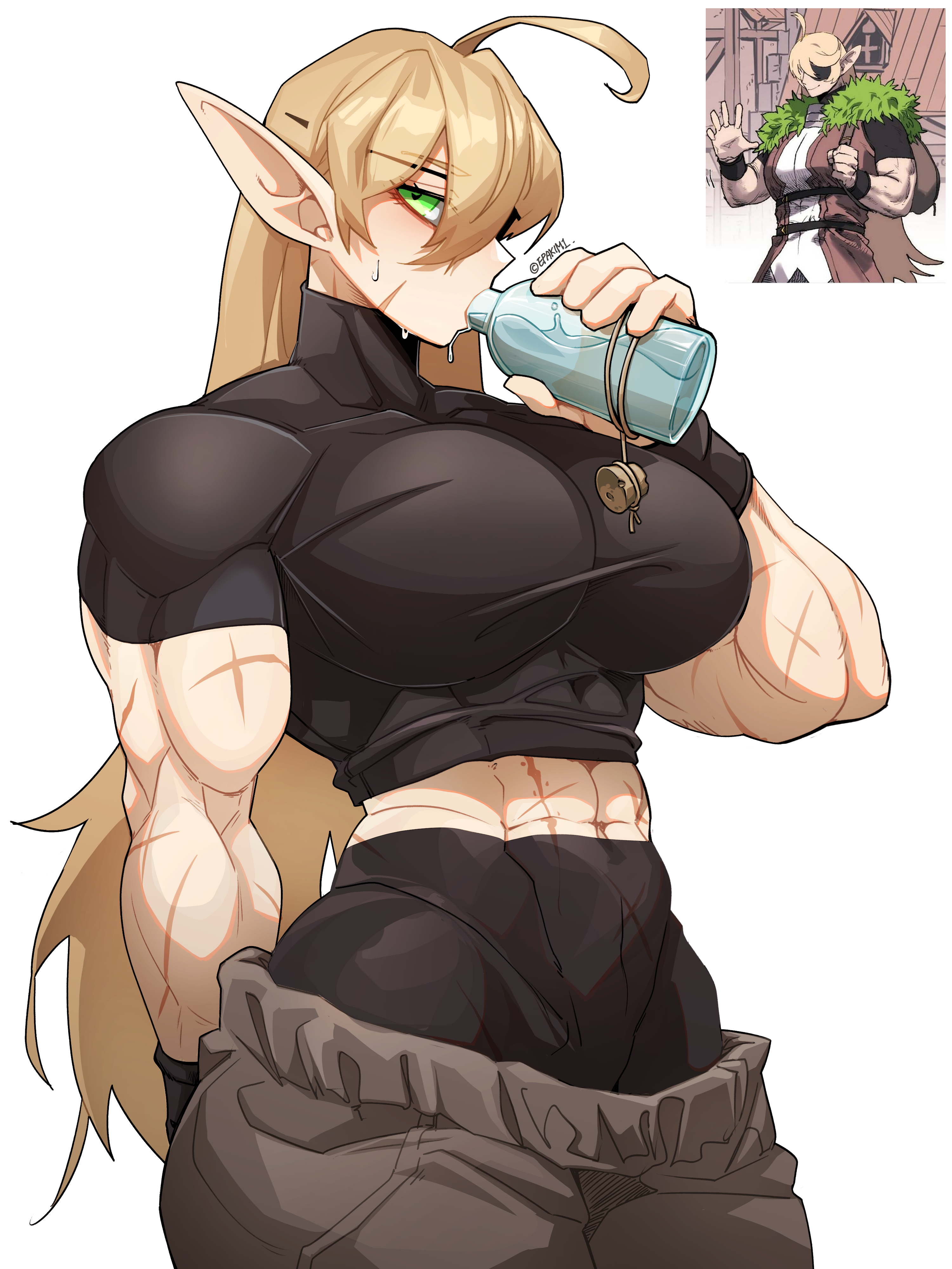 epakim, absurdres, character request, highres, 1girl, abs, ahoge, blonde hair, bottle, brown pants, drinking, elf, eyepatch, facial scar, glass bottle, green eyes, haegol jeollyeong iyagi, holding, holding bottle, inset, long hair, multiple scars, muscular, muscular female, pants, pointy ears, reference inset, scar, scar on arm, scar on cheek, scar on face, scar on stomach, simple background, solo, sweat, water, white background