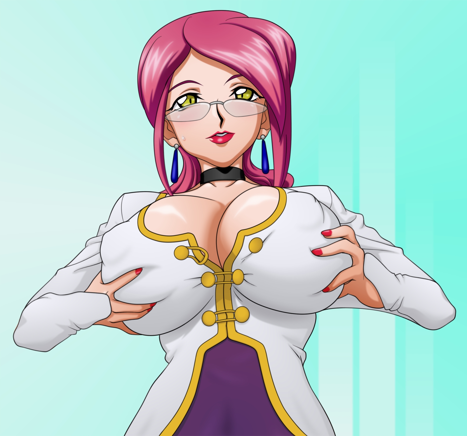 ta152 (graf zeppelin), aoi kiriko, shinkon gattai godannar!!, breast hold, highres, 00s, 1girl, breasts, breasts squeezed together, choker, cleavage, cleavage cutout, clothing cutout, earrings, female focus, glasses, green eyes, huge breasts, jewelry, lipstick, long hair, makeup, mature female, nail polish, red hair, solo, sweatdrop, yellow eyes