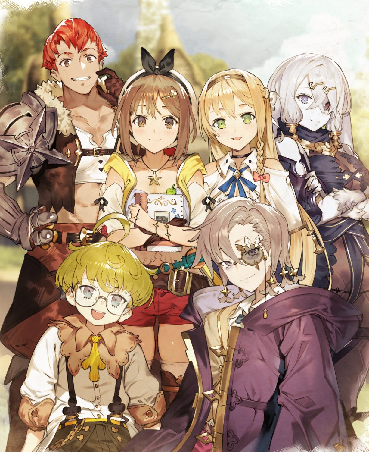 toridamono, empel vollmer, klaudia valentz, lent marslink, lila decyrus, reisalin stout, tao mongarten, atelier (series), atelier ryza, atelier ryza 1, commentary request, highres, official art, second-party source, 3boys, 3girls, ahoge, armor, bare shoulders, belt, blonde hair, book, boots, bracelet, braid, breasts, brown eyes, brown gloves, brown hair, cleavage, freckles, glasses, gloves, grey hair, grin, hair ornament, hair ribbon, hairclip, happy, hat, holding, holding book, hood, hood down, hooded vest, hoodie, jewelry, long hair, looking at viewer, monocle, multiple boys, multiple girls, necklace, open mouth, red hair, red shorts, ribbon, round eyewear, short hair, short shorts, shorts, shoulder armor, single glove, smile, star (symbol), star necklace, thighhighs, thighhighs under boots, vest, white thighhighs, window