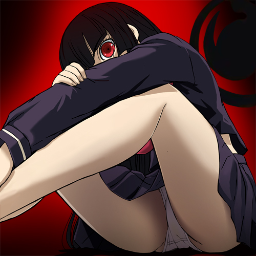 haruyama kazunori, enma ai, jigoku shoujo, lowres, 00s, 1girl, black hair, black serafuku, blunt bangs, female focus, hime cut, panties, red eyes, school uniform, serafuku, sitting, solo, underwear