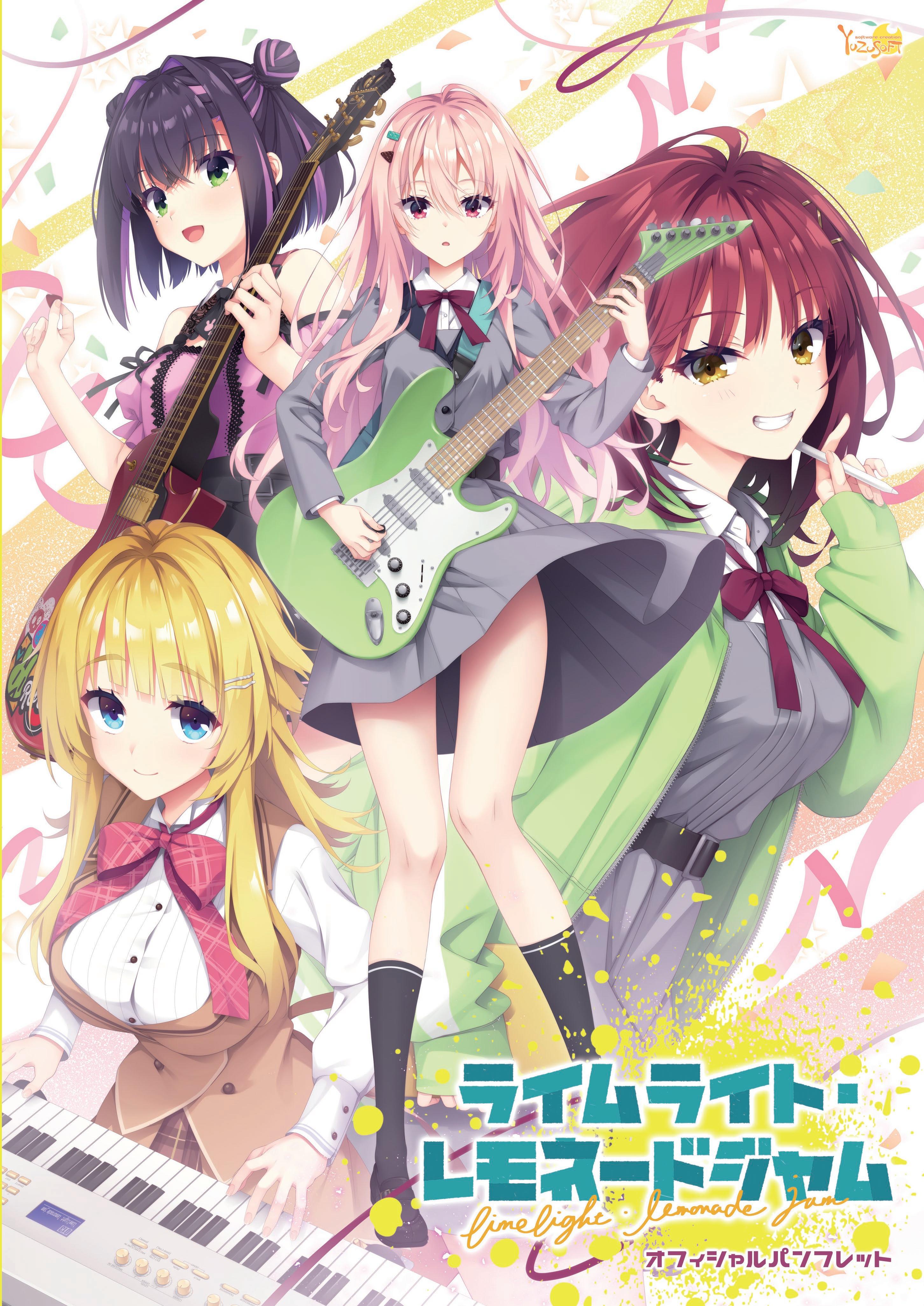 kobuichi, muririn, nabari anju, limelight lemonade jam, yuzu-soft, absurdres, highres, non-web source, official art, promotional art, 4girls, :d, bare shoulders, belt, black belt, black hair, black shoes, black socks, blonde hair, blue eyes, blunt bangs, blush, bow, bowtie, breasts, brown vest, buttons, closed mouth, collared shirt, colored eyelashes, company name, confetti, copyright name, cowboy shot, double-breasted, double bun, eyelashes, eyes visible through hair, fingernails, floating hair, full body, futamihara ririko, grey jacket, grey skirt, grin, guitar, hair between eyes, hair bun, hair intakes, hair ornament, hairclip, hands up, happy, harumi ena, holding, holding guitar, holding instrument, holding plectrum, instrument, jacket, jirai kei, keyboard (instrument), kneehighs, large breasts, loafers, long hair, long sleeves, looking at viewer, medium hair, medium skirt, multicolored hair, multiple girls, music, off-shoulder shirt, off shoulder, open mouth, parallel hairclips, pink hair, pink ribbon, pink shirt, plaid bow, plaid bowtie, plaid clothes, playing instrument, pleated skirt, plectrum, purple hair, red bow, red bowtie, red eyes, red hair, ribbon, school uniform, shimakoshi tsukimi, shirt, shoes, short sleeves, sidelocks, simple background, skirt, sleeves past wrists, smile, socks, standing, streaked hair, thick eyebrows, tsurime, upturned eyes, very long hair, vest, white shirt, yellow eyes
