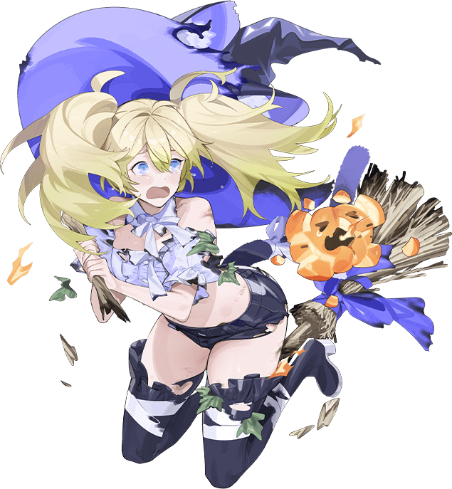 akira (kadokawa), gambier bay (kancolle), gambier bay mk ii (kancolle), kantai collection, official art, third-party source, 1girl, animal ear fluff, animal ears, bandages, black ribbon, black shorts, black thighhighs, blonde hair, blue eyes, blue ribbon, broom, cat ears, cat tail, dress, frilled dress, frills, full body, gambier bay (halloween) (kancolle), hat, jack-o'-lantern, long hair, looking back, open mouth, ribbon, shirt, shorts, sitting, solo, tail, thighhighs, torn clothes, transparent background, twintails, white shirt, witch hat