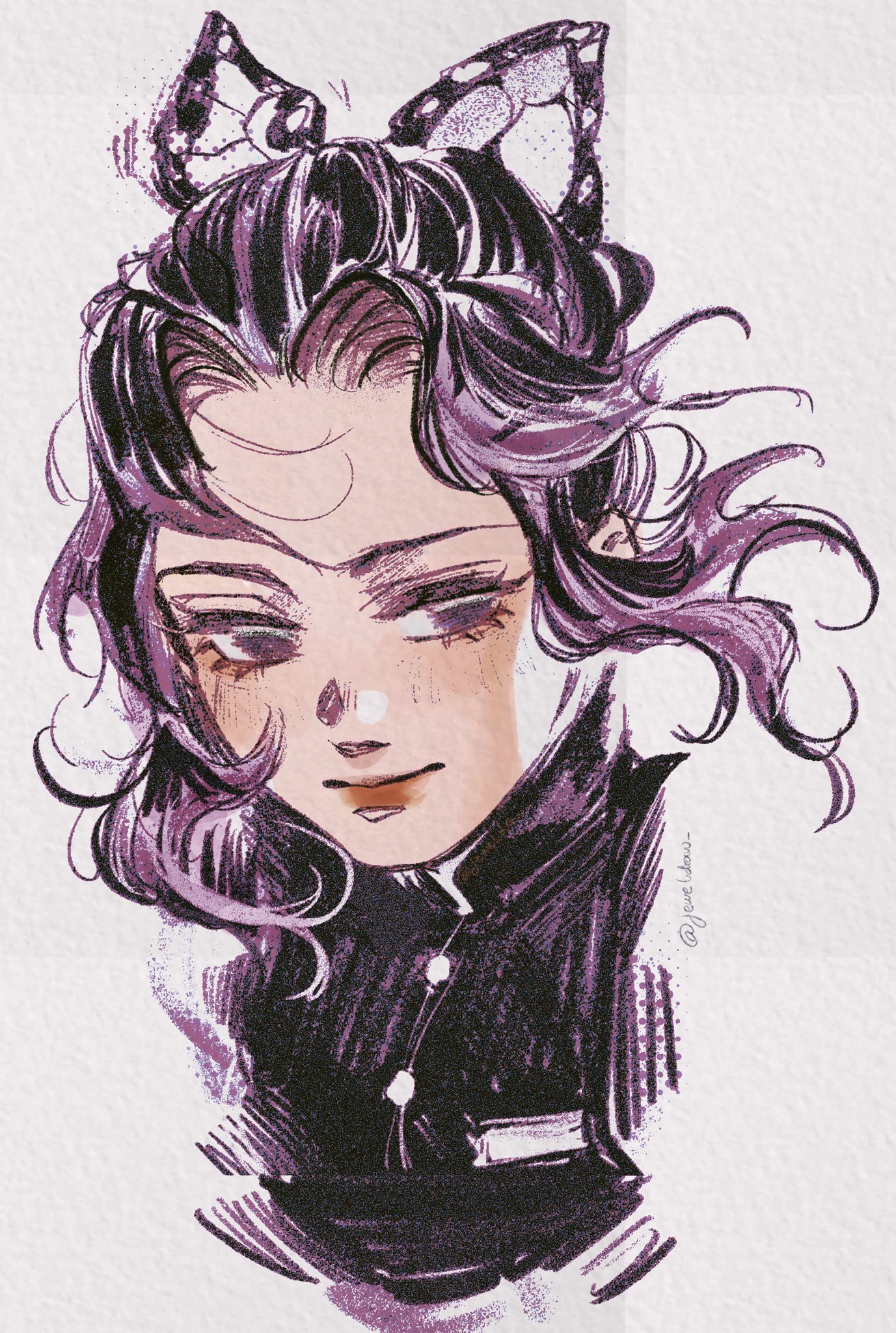 kochou shinobu, kimetsu no yaiba, hashtag-only commentary, highres, 1girl, butterfly hair ornament, closed mouth, demon slayer uniform, eyelashes, hair bun, hair ornament, high collar, jeweldraw, looking to the side, portrait, purple eyes, purple hair, red lips, sidelocks, simple background, smile, twitter username