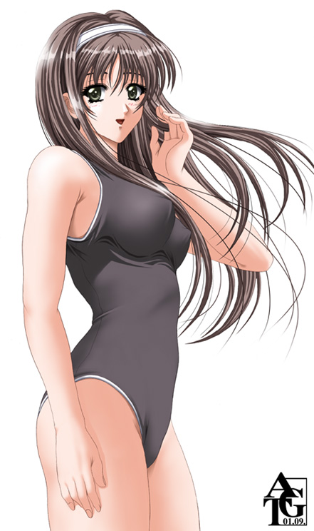 1girl, blush, breasts, brown hair, female focus, green eyes, large breasts, long hair, one-piece swimsuit, solo, swimsuit