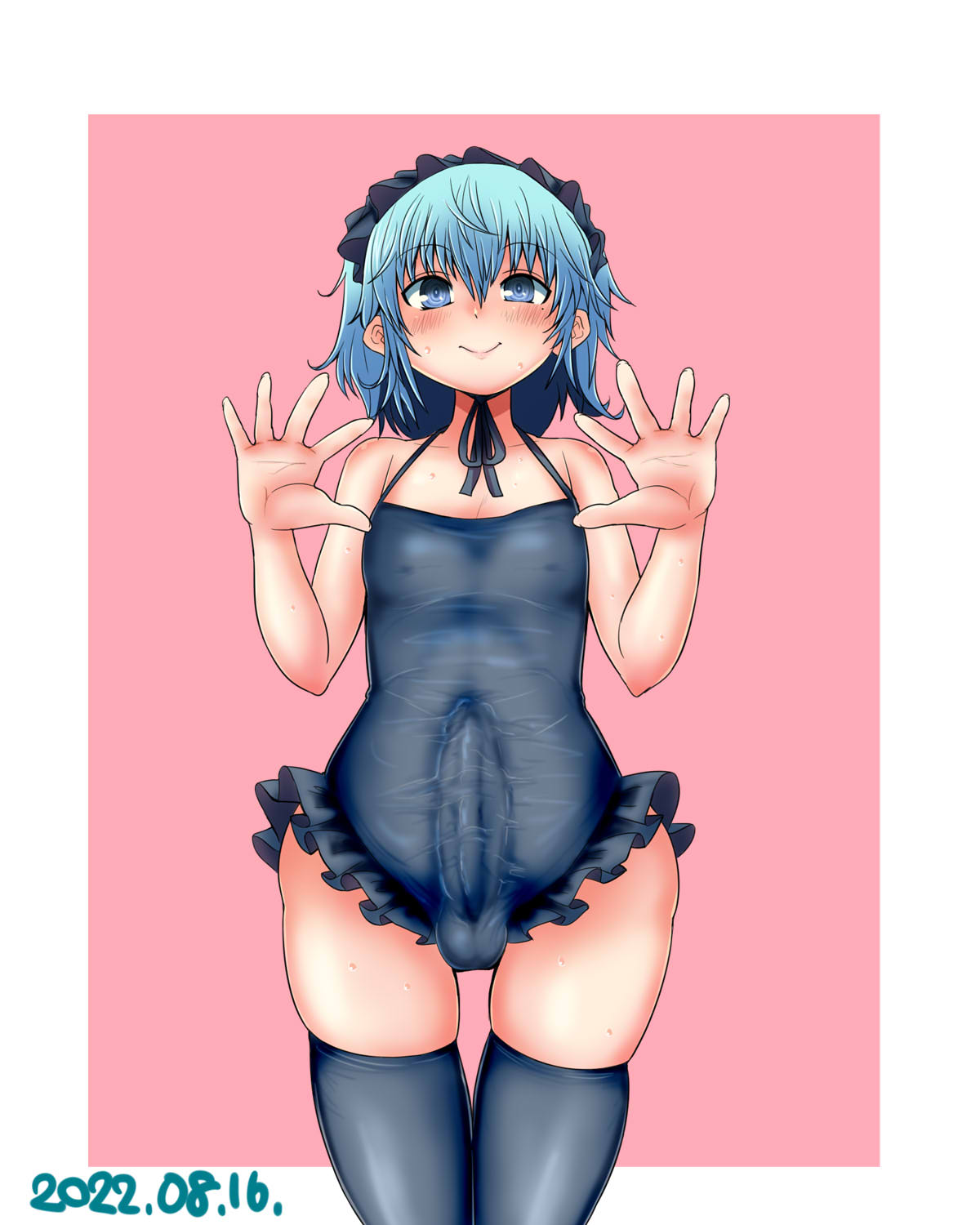itini-sanshi, 2channel, commentary request, highres, textless version, 1boy, 2channel (/livejupiter/), aile-kun, blue eyes, blue hair, blush, bulge, closed mouth, covered erect nipples, cowboy shot, crossdressing, crossdressing (mtf), dated, erection, erection under clothes, frilled hairband, frilled one-piece swimsuit, frills, grey hairband, grey one-piece swimsuit, grey thighhighs, hairband, looking at viewer, male focus, one-piece swimsuit, pink background, short hair, smile, solo, swimsuit, thighhighs, trap, two-tone background, white background