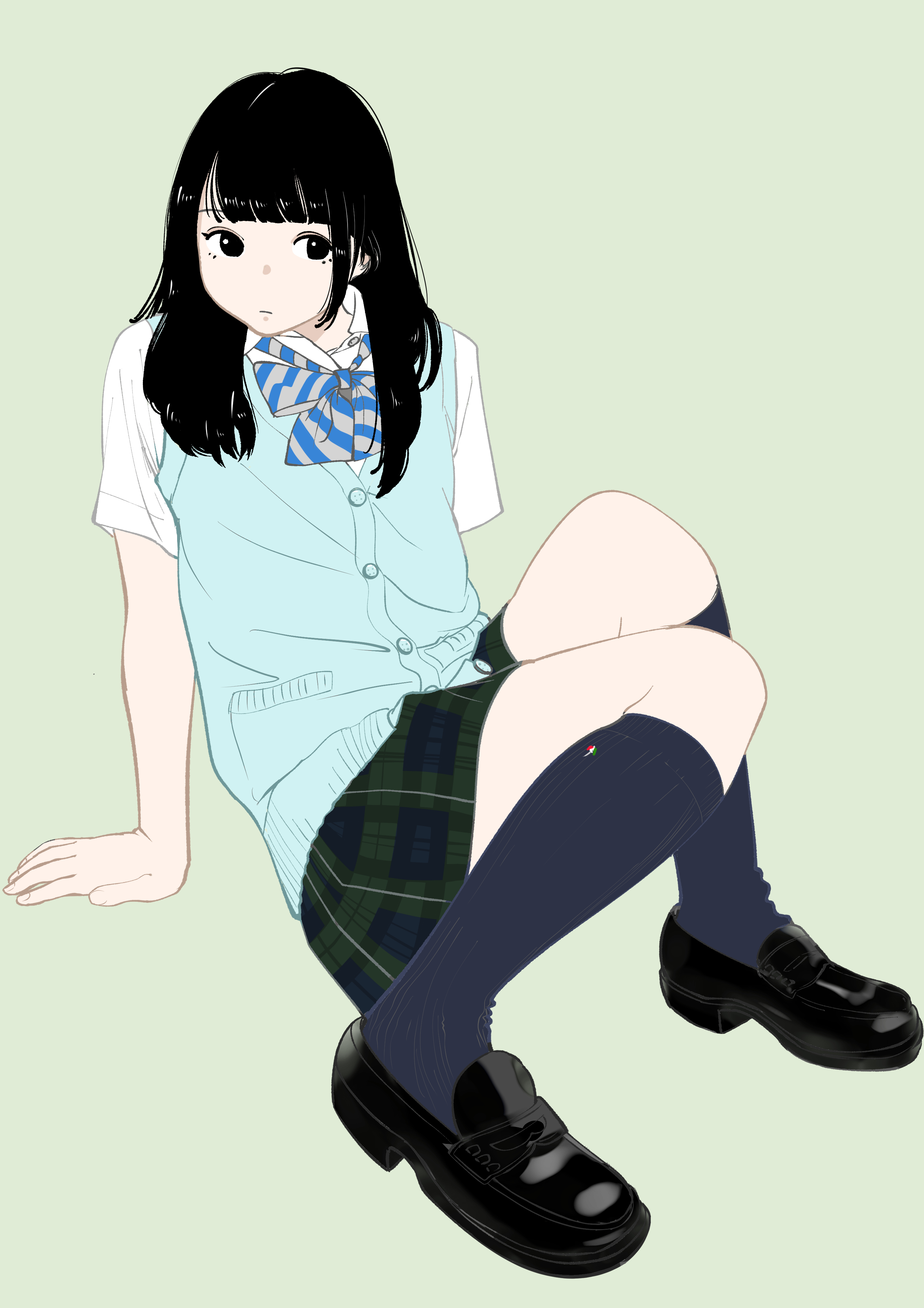 sakamoto giulietta, original, absurdres, commentary request, highres, 1girl, arm support, black eyes, black hair, black shoes, blue bow, blue bowtie, blue socks, blue sweater vest, bow, bowtie, closed mouth, collared shirt, diagonal-striped bow, diagonal-striped bowtie, diagonal-striped clothes, full body, green background, green skirt, kneehighs, knees up, loafers, long hair, miniskirt, open collar, plaid clothes, plaid skirt, school uniform, shirt, shoes, short sleeves, sideways glance, simple background, sitting, skirt, socks, solo, striped bow, striped bowtie, striped clothes, sweater vest, swept bangs, turning head, white shirt