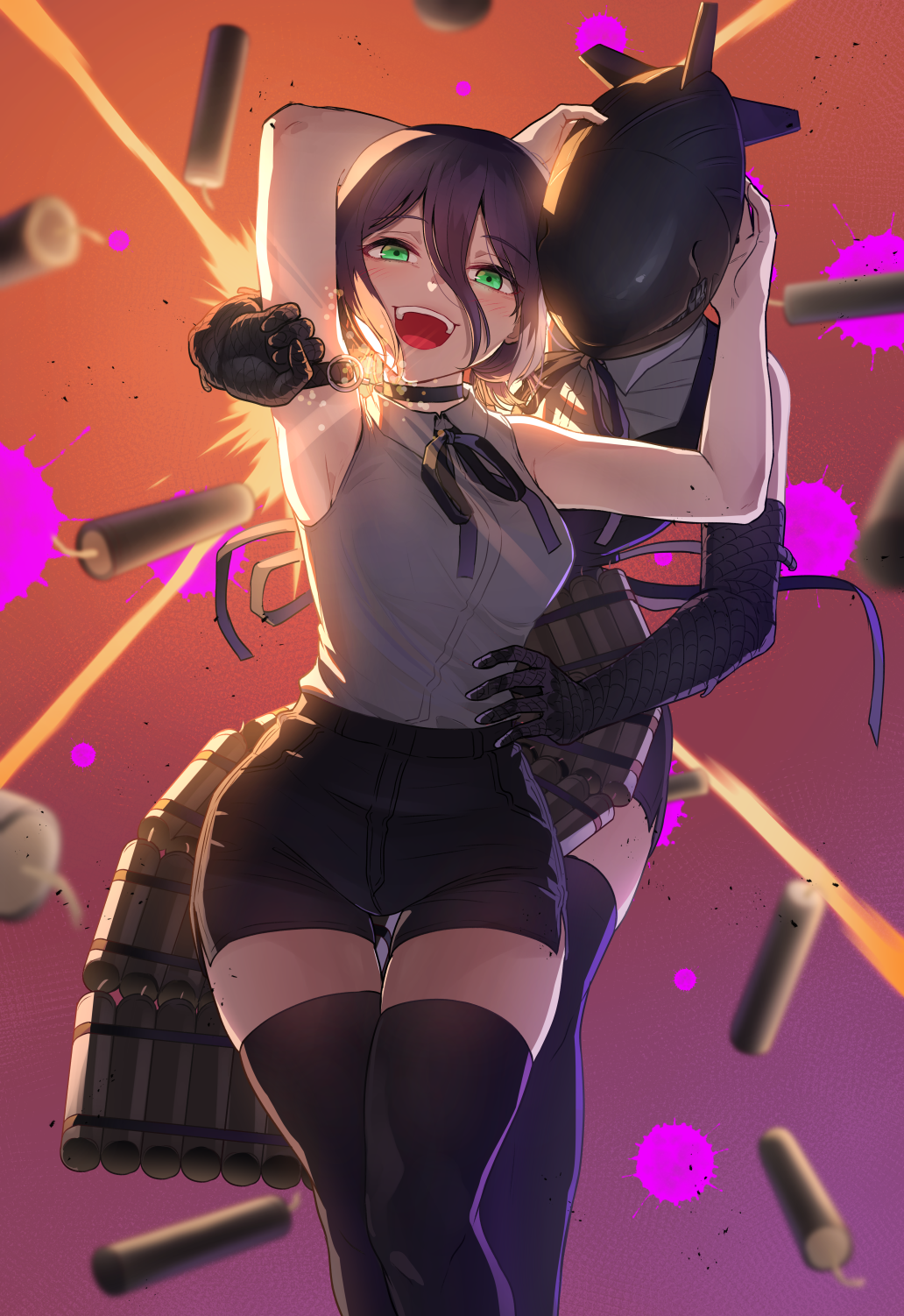 kamille (vcx68), bomb devil (chainsaw man), reze (chainsaw man), chainsaw man, highres, 2girls, apron, arms up, black apron, black gloves, black ribbon, black shorts, black thighhighs, dynamite, elbow gloves, explosive, gloves, green eyes, grenade pin, grey shirt, hair between eyes, multiple girls, neck ribbon, object head, open mouth, purple hair, ribbon, shirt, shirt tucked in, short shorts, shorts, sleeveless, sleeveless shirt, teeth, thighhighs, upper teeth only