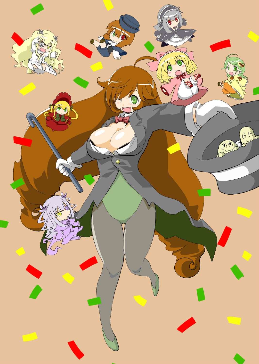 itini-sanshi, barasuishou, hinaichigo, kanaria, kirakishou, shinku, souseiseki, suigintou, suiseiseki, yaranaio, yaruo, 2channel, rozen maiden, commentary request, highres, 2boys, 6+girls, ahoge, alternate breast size (larger), alternate costume, black corset, blonde hair, bloomers, blue capelet, blue shorts, bonnet, boots, bow, bowtie, breasts, brown background, brown hair, capelet, chibi, cleavage, coat, confetti, corset, cross, cross print, dress, drill hair, drill sidelocks, flower, flower eyepatch, frilled dress, frilled hairband, frills, full body, gothic lolita, green bow, green bowtie, green eyes, green hair, green leotard, grey coat, grey dress, grey hair, grey hairband, grey pantyhose, grey ribbon, hair bow, hair flower, hair ornament, hair ribbon, hairband, hat, heart, heart hair ornament, heterochromia, large breasts, leotard, lolita fashion, lolita hairband, long hair, long sleeves, looking at viewer, magician, multiple boys, multiple girls, neck ribbon, one eye closed, open mouth, orange bloomers, pantyhose, pink bow, pink coat, purple boots, purple flower, purple rose, purple shirt, purple skirt, quad drills, red bonnet, red capelet, red dress, red eyes, red ribbon, ribbon, rose, shirt, short hair, shorts, sidelocks, skirt, smile, top hat, twin drills, twintails, underwear, very long hair, white bloomers, white boots, white flower, white rose, white shirt, white skirt, yellow coat, yellow eyes