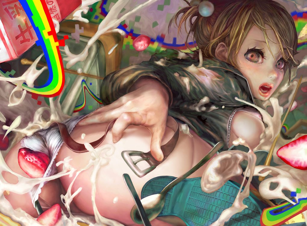uehara16, original, bad id, bad pixiv id, 1girl, ass, belt, blonde hair, bra, breasts, clothing aside, female focus, food, fruit, hair ornament, hairclip, lingerie, medium breasts, milk, open clothes, open shirt, panties, panties aside, shirt, solo, spoon, strawberry, underwear