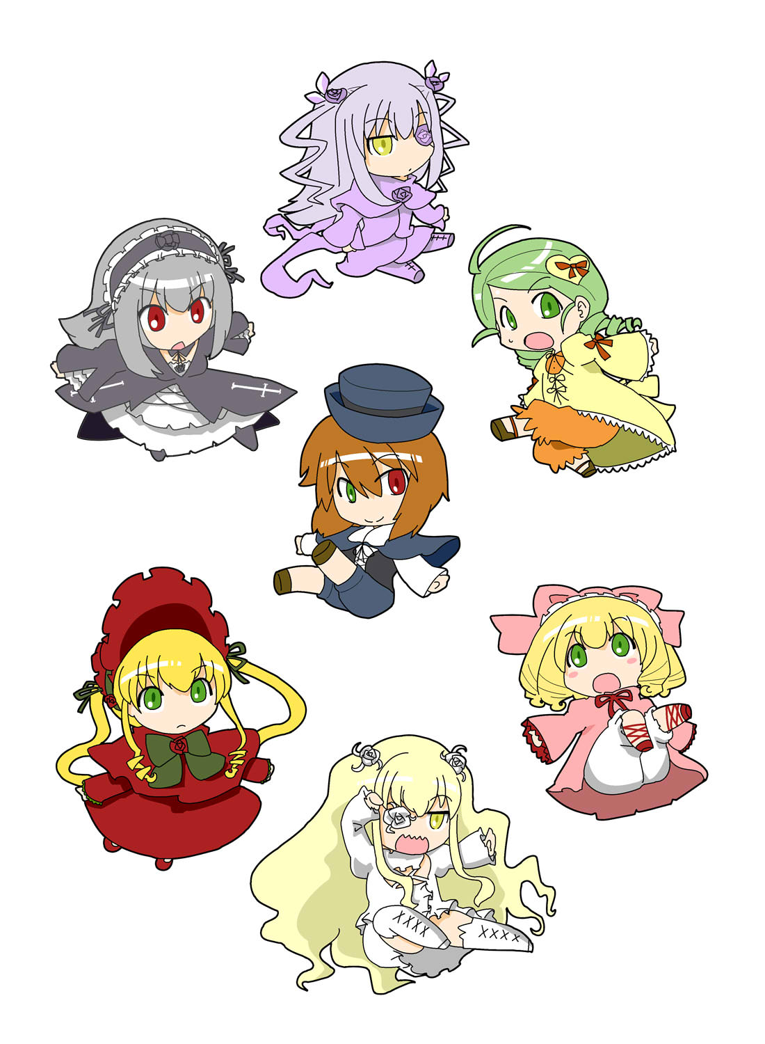itini-sanshi, barasuishou, hinaichigo, kanaria, kirakishou, shinku, souseiseki, suigintou, rozen maiden, commentary request, highres, 6+girls, ahoge, black corset, blonde hair, bloomers, blue capelet, blue shorts, bonnet, boots, bow, bowtie, brown hair, capelet, chibi, chibi only, coat, corset, cross, cross print, dress, drill hair, drill sidelocks, flower, flower eyepatch, frilled dress, frilled hairband, frills, full body, gothic lolita, green bow, green bowtie, green eyes, green hair, grey dress, grey hair, grey hairband, grey ribbon, hair bow, hair flower, hair ornament, hair ribbon, hairband, hat, heart, heart hair ornament, heterochromia, lolita fashion, lolita hairband, long hair, long sleeves, looking at viewer, multiple girls, neck ribbon, open mouth, orange bloomers, pink bow, pink coat, purple boots, purple flower, purple rose, purple shirt, purple skirt, quad drills, red bonnet, red capelet, red dress, red eyes, red ribbon, ribbon, rose, shirt, short hair, shorts, sidelocks, simple background, skirt, smile, top hat, twin drills, twintails, underwear, very long hair, white background, white bloomers, white boots, white flower, white rose, white shirt, white skirt, yellow coat, yellow eyes