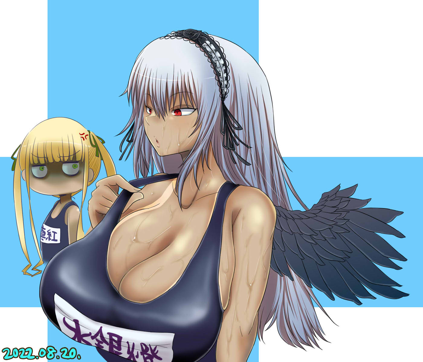 itini-sanshi, shinku, suigintou, rozen maiden, commentary request, highres, 2girls, alternate breast size (larger), alternate costume, anger vein, black flower, black hairband, black one-piece swimsuit, black ribbon, black rose, black wings, blonde hair, blue background, blunt bangs, breast envy, breasts, cleavage, dated, feathered wings, flower, frilled hairband, frills, green eyes, grey hair, hair ribbon, hairband, huge breasts, lolita hairband, long hair, looking at another, looking to the side, multiple girls, one-piece swimsuit, open mouth, red eyes, ribbon, rose, school swimsuit, swimsuit, tan, twintails, two-tone background, upper body, v-shaped eyebrows, white background, wings