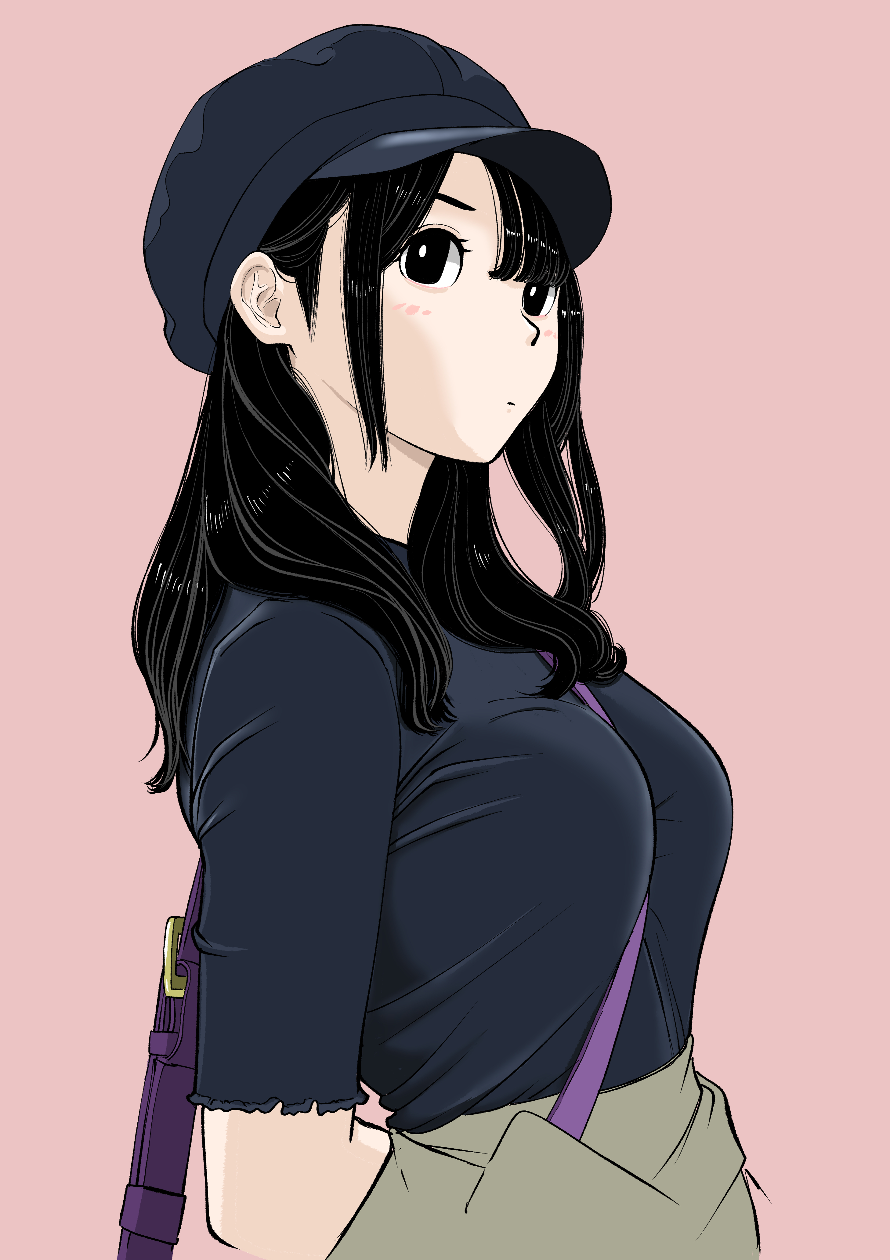 sakamoto giulietta, original, absurdres, commentary request, highres, 1girl, arm behind back, between breasts, black eyes, black hair, blush, breasts, brown skirt, closed mouth, from side, grey hat, grey shirt, hair behind ear, hat, large breasts, long hair, looking at viewer, looking to the side, newsboy cap, parted bangs, pink background, shirt, shirt tucked in, short sleeves, shoulder strap, sideways glance, simple background, skirt, solo, standing, strap between breasts, upper body