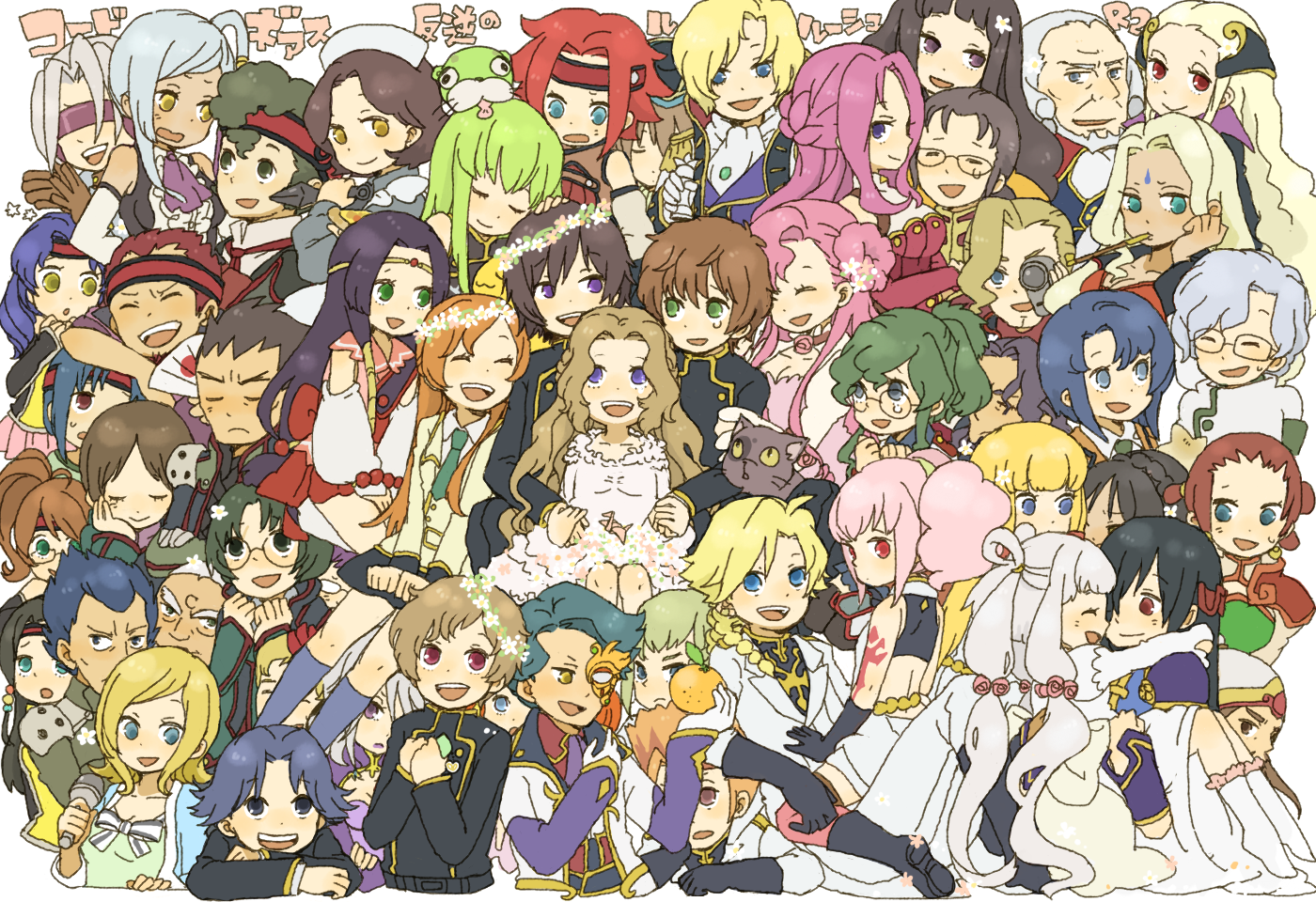 yukke, anya alstreim, arthur (code geass), asahina shougo, bismarck waldstein, c.c., cecile croomy, charles zi britannia, cheese-kun, chiba nagisa, cornelia li britannia, diethard ried, dorothea ernst, euphemia li britannia, futaba ayame, gilbert g.p. guilford, gino weinberg, guinevere de britannia, hinata ichijiku, hong gu, jeremiah gottwald, kannon maldini, kouzuki kallen, kururugi suzaku, lelouch vi britannia, li xingke, lloyd asplund, luciano bradley, mao (code geass), marianne vi britannia, milly ashford, minami yoshitaka, minase mutsuki, monica kruszewski, nina einstein, nonette enneagram, nunnally vi britannia, odysseus eu britannia, ohgi kaname, rakshata chawla, rivalz cardemonde, rolo lamperouge, schneizel el britannia, senba ryoga, shinozaki sayoko, shirley fenette, sugiyama kento, sumeragi kaguya, tamaki shin'ichirou, tianzi, toudou kyoushirou, urabe kousetsu, v.v., villetta nu, zhou xianglin, code geass, code geass: lost colors, pizza hut, 00s, 6+boys, 6+girls, camera, cat, dark skin, dress, everyone, flower, food, fruit, glasses, headband, kiseru, knights of the round, long hair, microphone, multiple boys, multiple girls, orange (fruit), order of the black knights uniform, origami, paper crane, pipe in mouth, pizza, ponytail, school uniform, serafuku, smoking pipe, thighhighs, very long hair, wedding dress